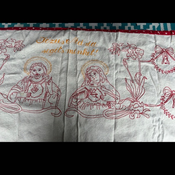 Antique Handstitched Hungarian Religious Table Runner.  1900c. 63”x24” In Size. - Picture 5 of 10